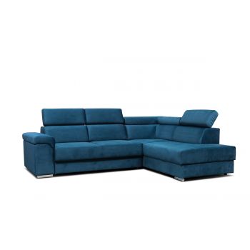 Coltar Extensibil Carlitos L Velvet Bleumarin, Sezlong pe Dreapta, cu Lada de Depozitare, tapitat cu Stofa, Tetiere Reglabile, l268xA206xH83 cm