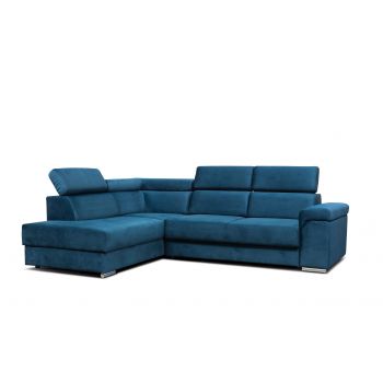 Coltar Extensibil Carlitos L Velvet Bleumarin, Sezlong pe Stanga, cu Lada de Depozitare, tapitat cu Stofa, Tetiere Reglabile, l268xA206xH83 cm