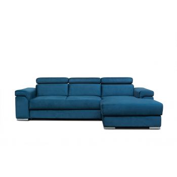 Coltar Extensibil Carlitos Small Velvet Bleumarin, Sezlong pe Dreapta, cu Lada de Depozitare, tapitat cu Stofa, Tetiere Reglabile, l274xA173xH83 cm