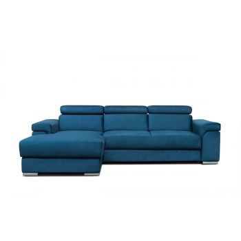 Coltar Extensibil Carlitos Small Velvet Bleumarin, Sezlong pe Stanga, cu Lada de Depozitare, tapitat cu Stofa, Tetiere Reglabile, l274xA173xH83 cm