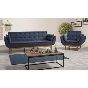 Set canapea extensibilă, Unique Design, 867UNQ1599, Lemn de carpen, Albastru inchis