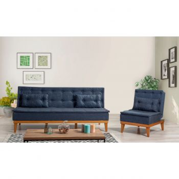 Set canapea extensibilă, Unique Design, 867UNQ1607, Lemn de carpen, Albastru inchis