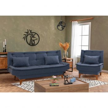 Set canapea extensibilă, Unique Design, 867UNQ1643, Lemn de fag, Albastru inchis