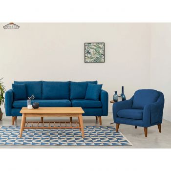 Set de canapea, Unique Design, 867UNQ1621, Lemn de carpen, Albastru inchis