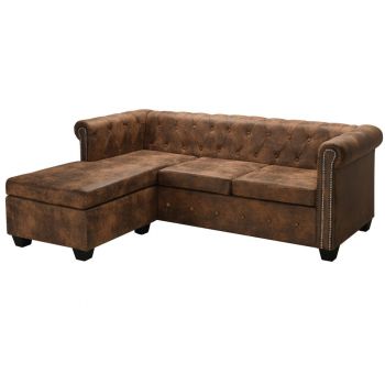 Canapea Chesterfield in formă de L velur artificial maro ieftina