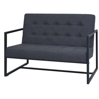 Canapea cu 2 locuri și brațe oțel și material textil gri inchis