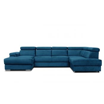 Coltar Extensibil Carlitos U Velvet Bleumarin, Sezlong pe Dreapta, cu Lada de Depozitare, tapitat cu Stofa, Tetiere Reglabile, l340xA206xH83 cm