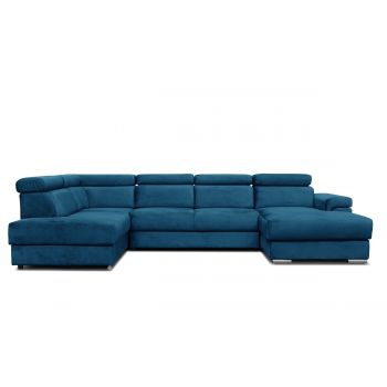 Coltar Extensibil Carlitos U Velvet Bleumarin, Sezlong pe Stanga, cu Lada de Depozitare, tapitat cu Stofa, Tetiere Reglabile, l340xA206xH83 cm