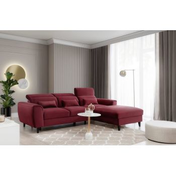 Coltar Extensibil Fobleros Plus Bordeaux cu Lada de Depozitare, Sezlong pe Dreapta, Tetiere Reglabile, l267xA196xH83-100 cm