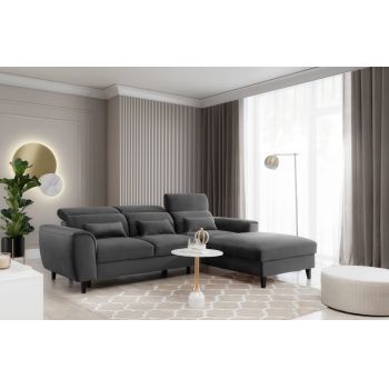Coltar Extensibil Fobleros Plus Gri Inchis cu Lada de Depozitare, Sezlong pe Dreapta, Tetiere Reglabile, l267xA196xH83-100 cm