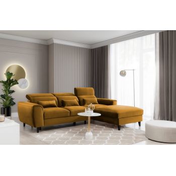 Coltar Extensibil Fobleros Plus Mustariu cu Lada de Depozitare, Sezlong pe Dreapta, Tetiere Reglabile, l267xA196xH83-100 cm