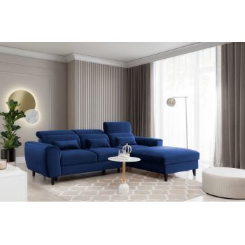 Coltar Extensibil Fobleros Plus Velvet Bleumarin cu Lada de Depozitare, Sezlong pe Dreapta, Tetiere Reglabile, l267xA196xH83-100 cm