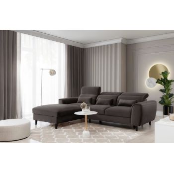 Coltar Extensibil Fobleros Plus Velvet Maro Inchis cu Lada de Depozitare, Sezlong pe Stanga, Tetiere Reglabile, l267xA196xH83-100 cm