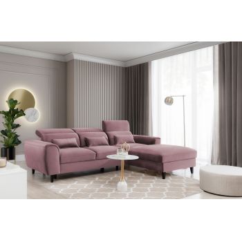 Coltar Extensibil Fobleros Plus Velvet Roz, cu Lada de Depozitare, Sezlong pe Dreapta, Tetiere Reglabile, l267xA196xH83-100 cm