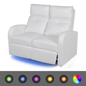 Fotoliu rabatabil cu 2 locuri LED piele artificială alb