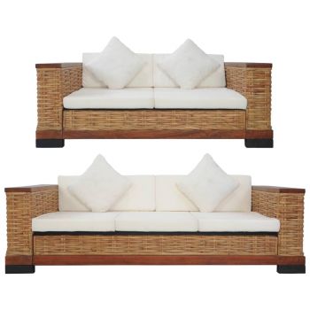 Set canapele cu perne 2 piese maro ratan natural