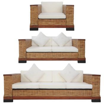 Set canapele cu perne 3 piese maro ratan natural