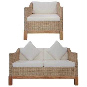 Set de canapele cu perne 2 piese culoare naturală ratan