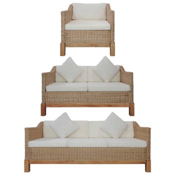 Set de canapele cu perne 3 piese culoare naturală ratan