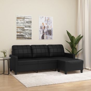 vidaXL Canapea cu 3 locuri și taburet, negru, 180 cm, piele ecologică vidaXL Canapea cu 3 locuri și taburet, negru, 180 cm, piele ecologică