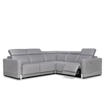 Coltar Extensibil Bellisimi Large Gri Deschis, Sezlong pe Dreapta, tapitat cu Piele, Mecanism Relax, Tetiere Reglabile, l265xA245xH85-103 cm