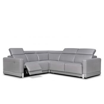 Coltar Extensibil Bellisimi Large Gri Deschis, Sezlong pe Stanga, tapitat cu Piele, Mecanism Relax, Tetiere Reglabile, l265xA245xH85-103 cm