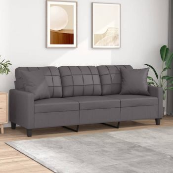 vidaXL Canapea cu 3 locuri cu pernuțe, gri, 180 cm, piele ecologică