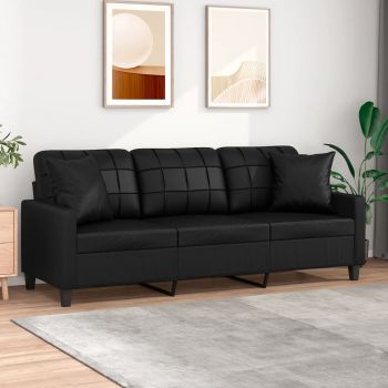vidaXL Canapea cu 3 locuri cu pernuțe, negru, 180 cm, piele ecologică