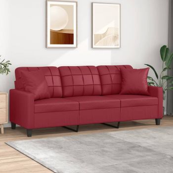vidaXL Canapea cu 3 locuri cu pernuțe, roșu vin 180 cm piele ecologică