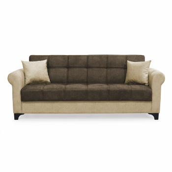 Canapea SALLY extensibila, 3 locuri, cu arcuri si lada depozitare, maro + bej, 215x80x83 cm