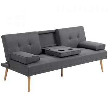 HOMCOM Canapea Extensibilă cu 3 Locuri, 2 Cotiere Detașabile, Covoraș Antiderapant și Imitație In și Lemn, 181x77x72 cm, Gri Închis | Aosom Romania