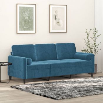 vidaXL Canapea cu 3 locuri cu pernuțe, albastru, 180 cm, catifea