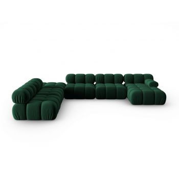 Coltar panoramic stanga 7 locuri design modular, Bellis, Micadoni Home, BL, 379x282x63 cm, catifea, verde bottle
