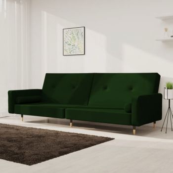 vidaXL Canapea extensibilă cu 2 locuri, 2 perne, verde închis catifea