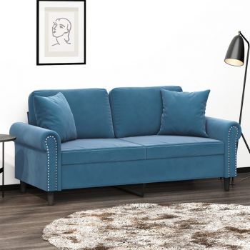 vidaXL Canapea cu 2 locuri cu pernuțe, albastru, 140 cm, catifea ieftina