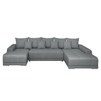 Coltar MARIBO U extensibil, cu arcuri si lada depozitare, colt dreapta, gri deschis, 350x203x90 cm