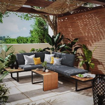 Canapea de exterior Christie set 3 bucati aluminiu-lemn material textil gri-natural ieftina