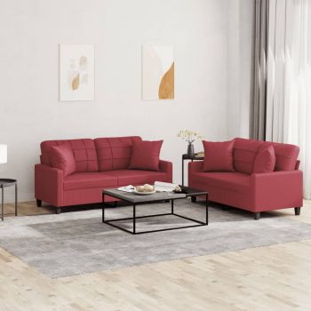 vidaXL Set de canapele cu perne, 2 piese, roșu vin, piele ecologică ieftina