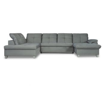Coltar U Extensibil Sevilia Lux, Stanga, 6 Locuri, Tetiere Reglabile, Gri Deschis, 355 Cm