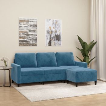 vidaXL Canapea cu 3 locuri și taburet, albastru, 180 cm, catifea