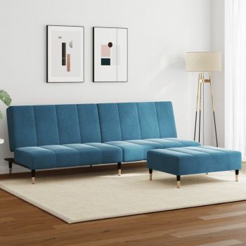 vidaXL Canapea extensibilă cu 2 locuri și taburet, albastru, catifea