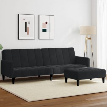 vidaXL Canapea extensibilă cu taburet, 2 locuri, negru, catifea