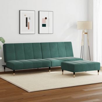 vidaXL Canapea extensibilă cu taburet, 2 locuri, verde închis, catifea