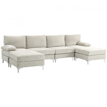 HOMCOM Canapea Modulară de 4 Locuri cu 2 Fotolii pentru Picioare, Perne pentru Brațe și Spătar, 313x149x88 cm, Crem Alb | Aosom Romania HOMCOM Canapea Modulară de 4 Locuri cu 2 Fotolii pentru Picioare, Perne pentru Brațe și Spătar, 313x149x88 cm, Crem Alb | Aosom Romania