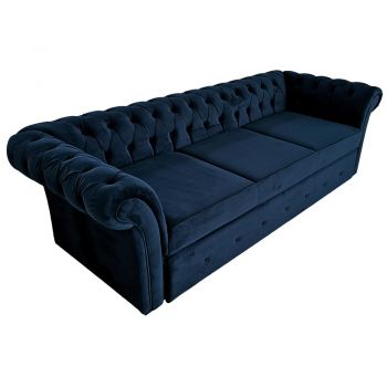 Canapea Extensibila Chesterfield, 250x100x75cm, 3 locuri, Velutto 37 Deep Blue, Glasspandoor
