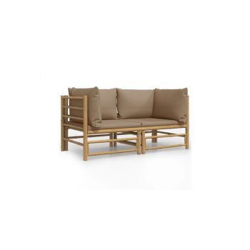 Canapele coltar de gradina, perne gri taupe, 2 buc., bambus Canapele coltar de gradina, perne gri taupe, 2 buc., bambus