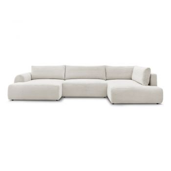 Colțar crem extensibil cu tapițerie din catifea reiată (cu colț pe partea stângă /în formă de 