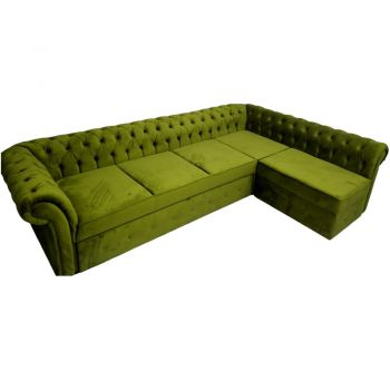Colțar Extensibil Chesterfield, 300x195x75cm, 6 locuri, Velutto 9 Olive , în formă de 