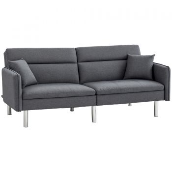 HOMCOM Canapea Pat cu 3 Locuri, Canapea din Material cu Spătar Reglabil pe 3 Poziții și 2 Perne, 189x91x84 cm, Gri | Aosom Romania