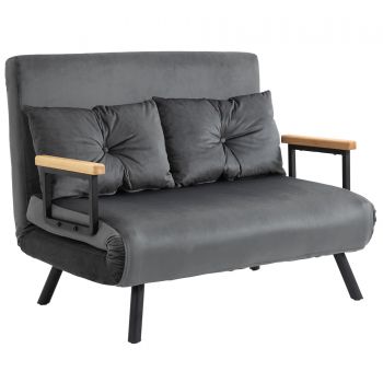 HOMCOM Canapea Pat de 2 Locuri cu Spătar Reglabil pe 5 Nivele și 2 Perne din Material Capitonat, 102x73x81 cm, Gri Închis | Aosom Romania